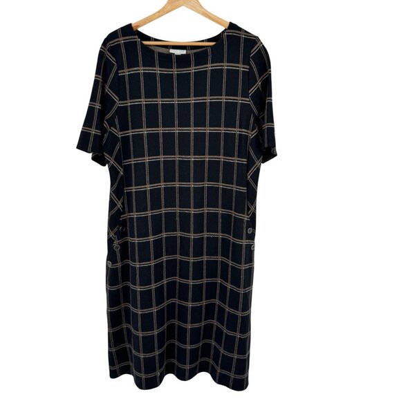 J. Jill Black Tan Plaid Ponte Dress Short Sleeve size Large Womens - Picture 1 of 13